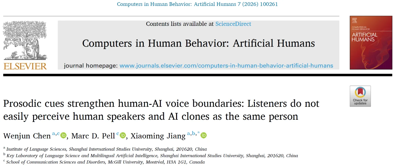 New Article in Computers in Human Behavior: Artificial Humans!